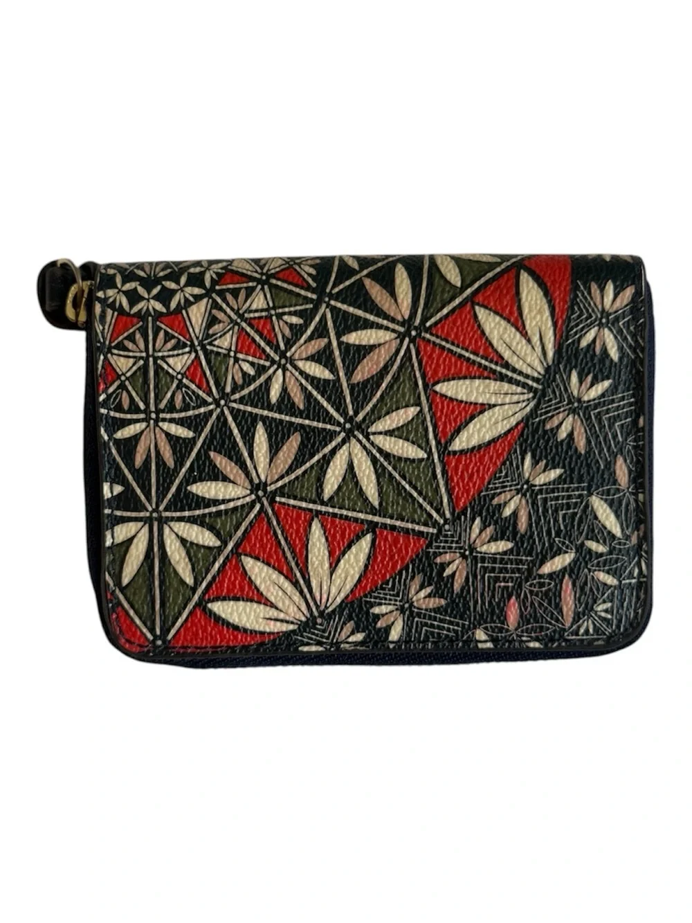 Tory Burch Black Kerrington Geometric Floral Patchwork Leather Zip Wallet Clutch